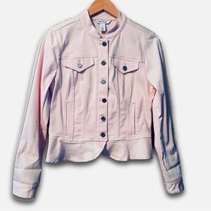 WHBM Pink Pleated Stretch Jean Jacket Front Silver Button Down Size 10